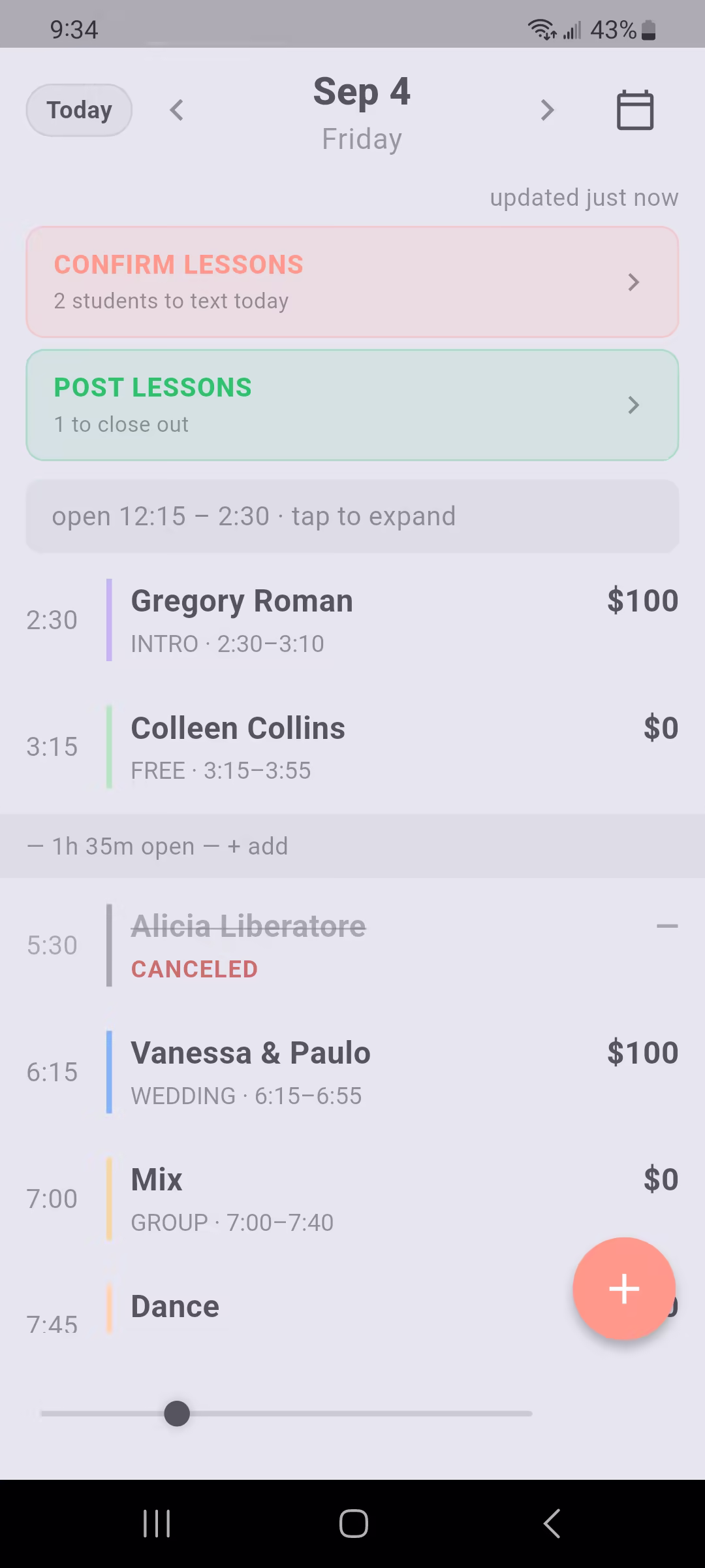BookMyDance mobile daily lesson schedule